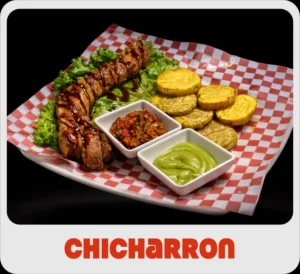 $26.000 | Porción de chicharron, pataconcitos con hogao o guacamole y porcion de ensalada de lechuga, tomate y mango, todo en salsas de la casa.