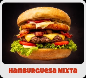 $21.000 | Carne y pollo, queso mozzarella, tocineta, lechuga, tomate, cebolla caramelizada y ripio de papa, con salsas.