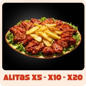x5: $21.000 | X10: $38.000 | x20: $48.000 | En Salsa BBQ, BBQ Picante, BBQ mora, Maracuya, Miel Mostaza o Agridulce Acompañadas de porción de papas a la francesa y ensalada de lechuga, tomate y mango, todo con salsas de la casa.