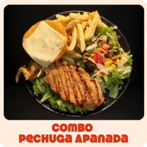 $18.000 | Pechuga apanada, acompañadas de papas a la francesa, porción de ensalada de lechuga, tomate y mango, y arepa con queso mozzarella, todo en salsas de la casa.
