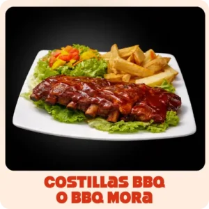 $38.000 | En salsa BBQ o BBQ Mora, acompañadas de papas a la francesa, ensalada de lechuga, tomate y mango, todo con salsas de la casa.