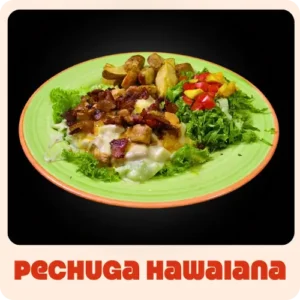 $26.000 | Trozos de pechuga ahumada en salsa hawaiana agridulce, porcion de yucas, una porción de ensalada de lechuga, tomate y mango, todo en salsas de la casa.