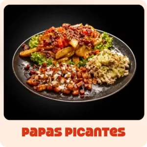$15.000 | Porción de papas en cascos en salsa picante, acompañada de pollo desmechado, y porción de maduritos en salsas de la casa.
