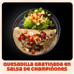 $24.000 | Pollo desmechado, tocineta, champiñones, queso gratinado y porción de ensalada de lechuga, tomate y mango, todo en salsas de la casa.