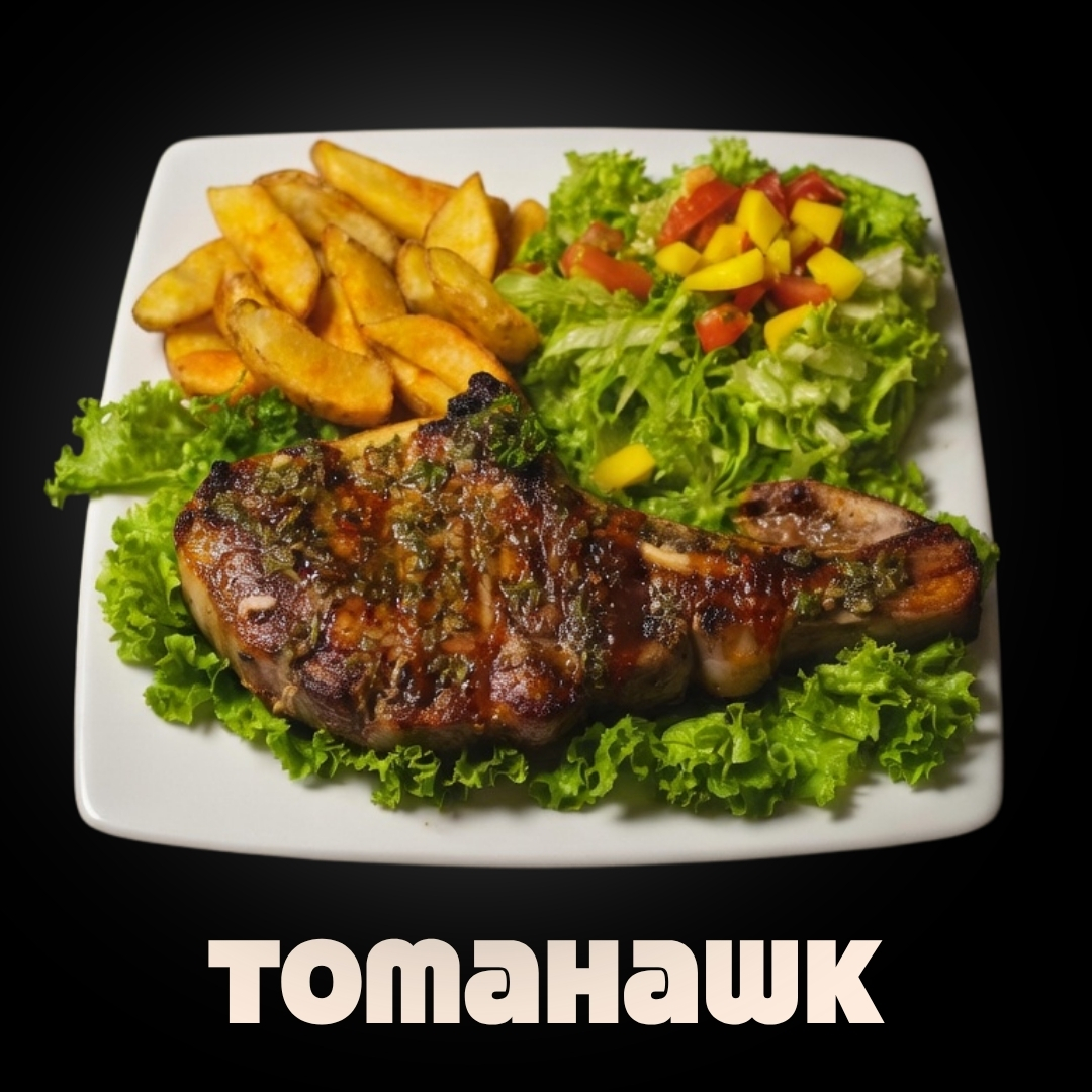 $39.000 | Tomahawk de cerdo en BBQ o Chimichurri, acompañado 
de papas a la francesa, porción de ensalada de lechuga, tomate, mango, todo en salsas de la casa.