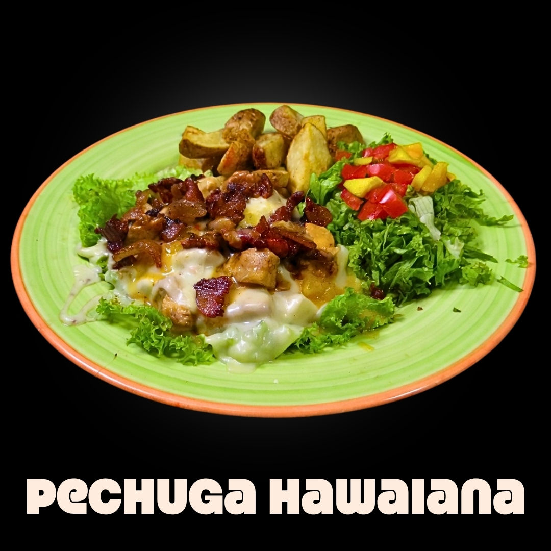 $26.000 | Trozos de pechuga ahumada en salsa hawaiana agridulce, porcion de yucas, una porción de ensalada de lechuga, tomate y mango, todo en salsas de la casa.