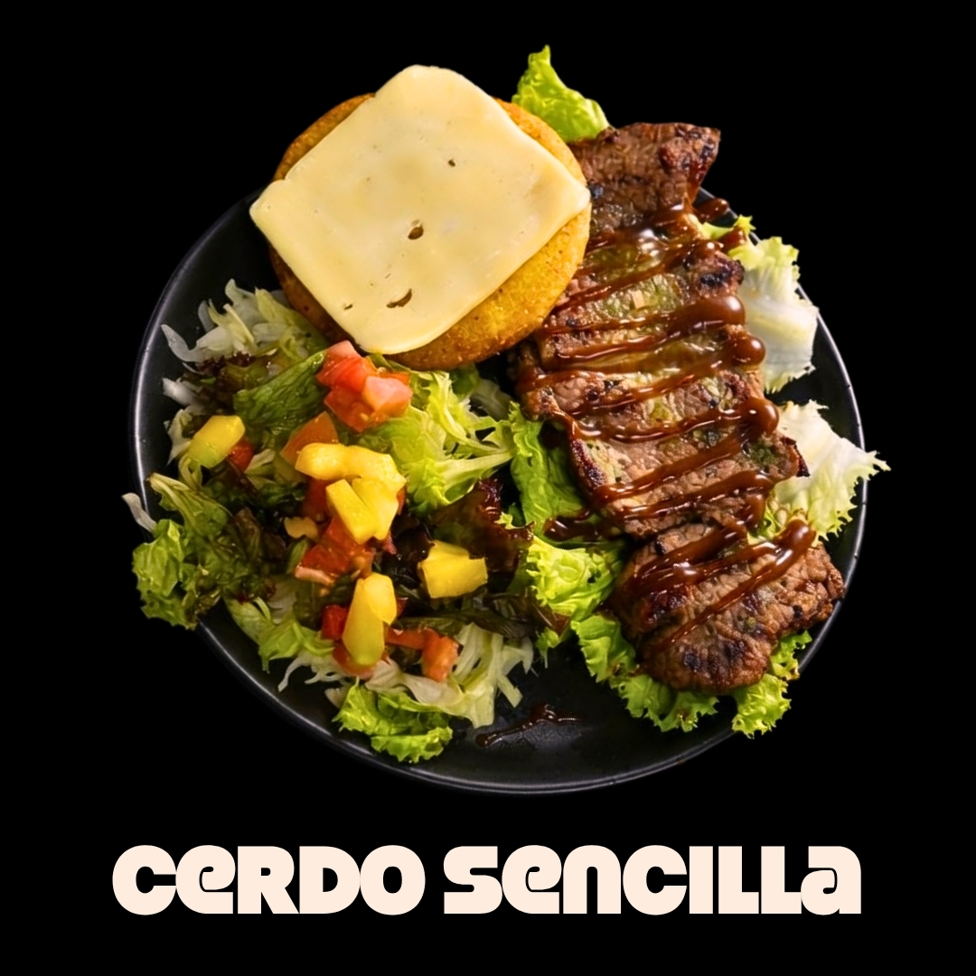 $20.000 | Acompañada de ensalada de lechuga, tomate, mango, y arepa con queso, todo en salsas de la casa. (Sin Papas)