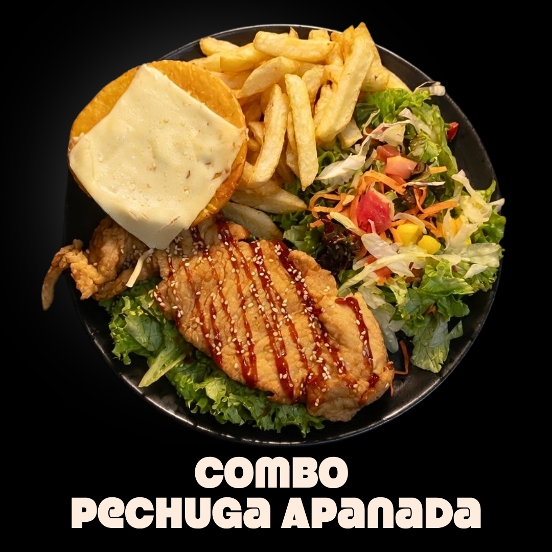 $18.000 | Pechuga apanada, acompañadas de papas a la francesa, porción de ensalada de lechuga, tomate y mango, y arepa con queso mozzarella, todo en salsas de la casa.
