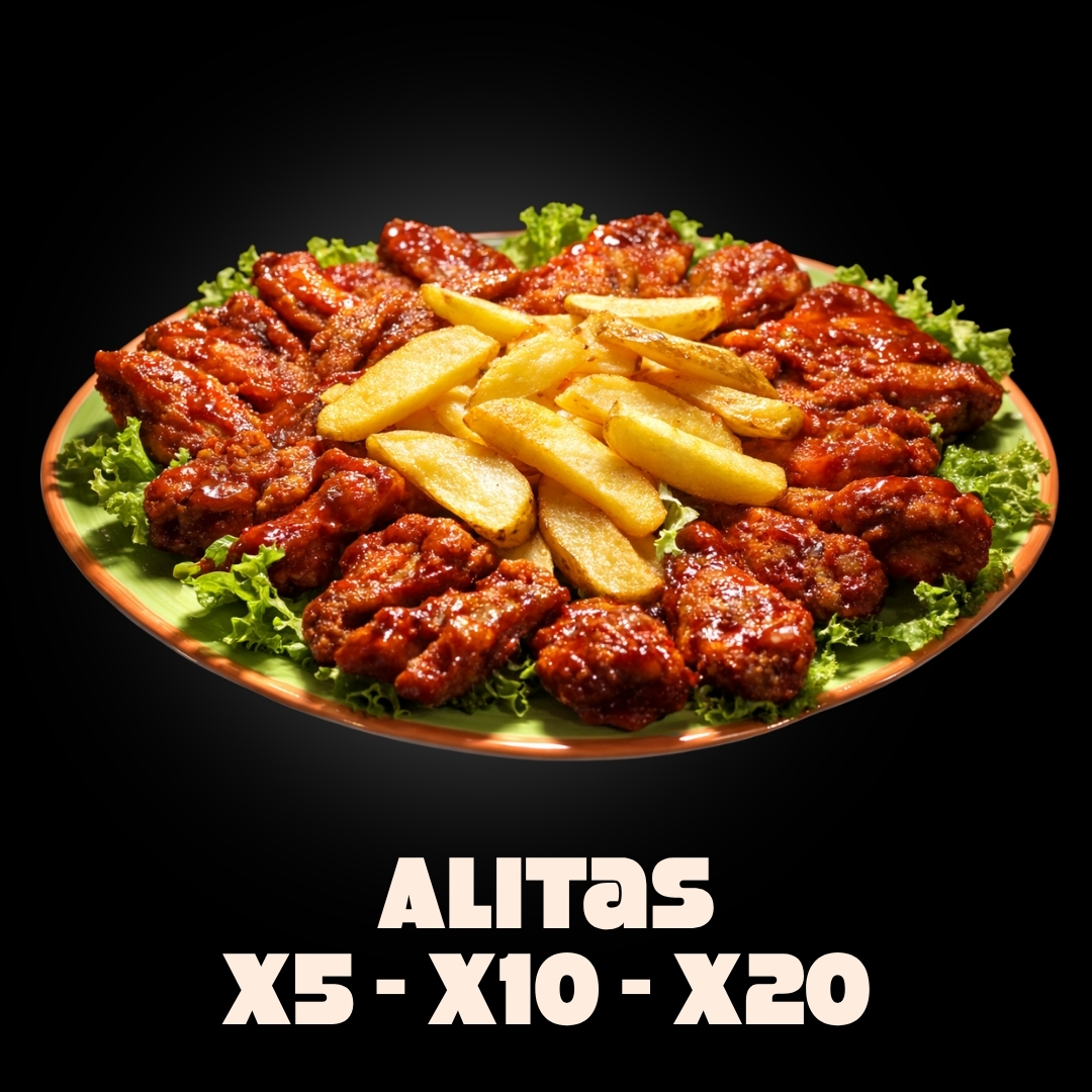 x5: $21.000 | X10: $38.000 | x20: $50.000 | En Salsa BBQ, BBQ Picante, BBQ mora, Maracuya, Miel Mostaza o Agridulce Acompañadas de porción de papas a la francesa y ensalada de lechuga, tomate y mango, todo con salsas de la casa.