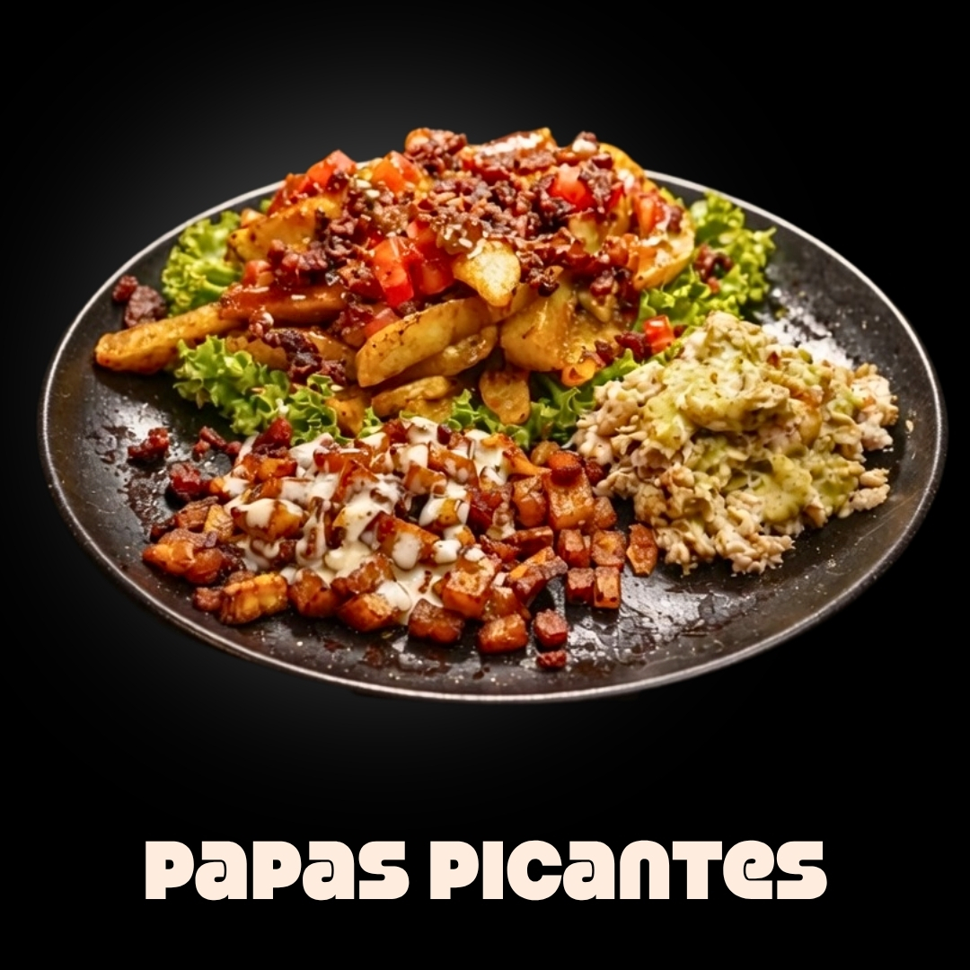 $16.000 | Porción de papas en cascos en salsa picante, acompañada de pollo desmechado, y porción de maduritos en salsas de la casa.