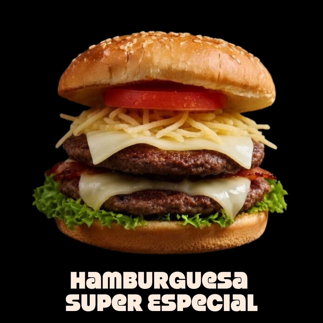 $21.000 | Doble carne, doble queso mozzarella, tocineta, lechuga, tomate, cebolla caramelizada y ripio de papa, con salsas.