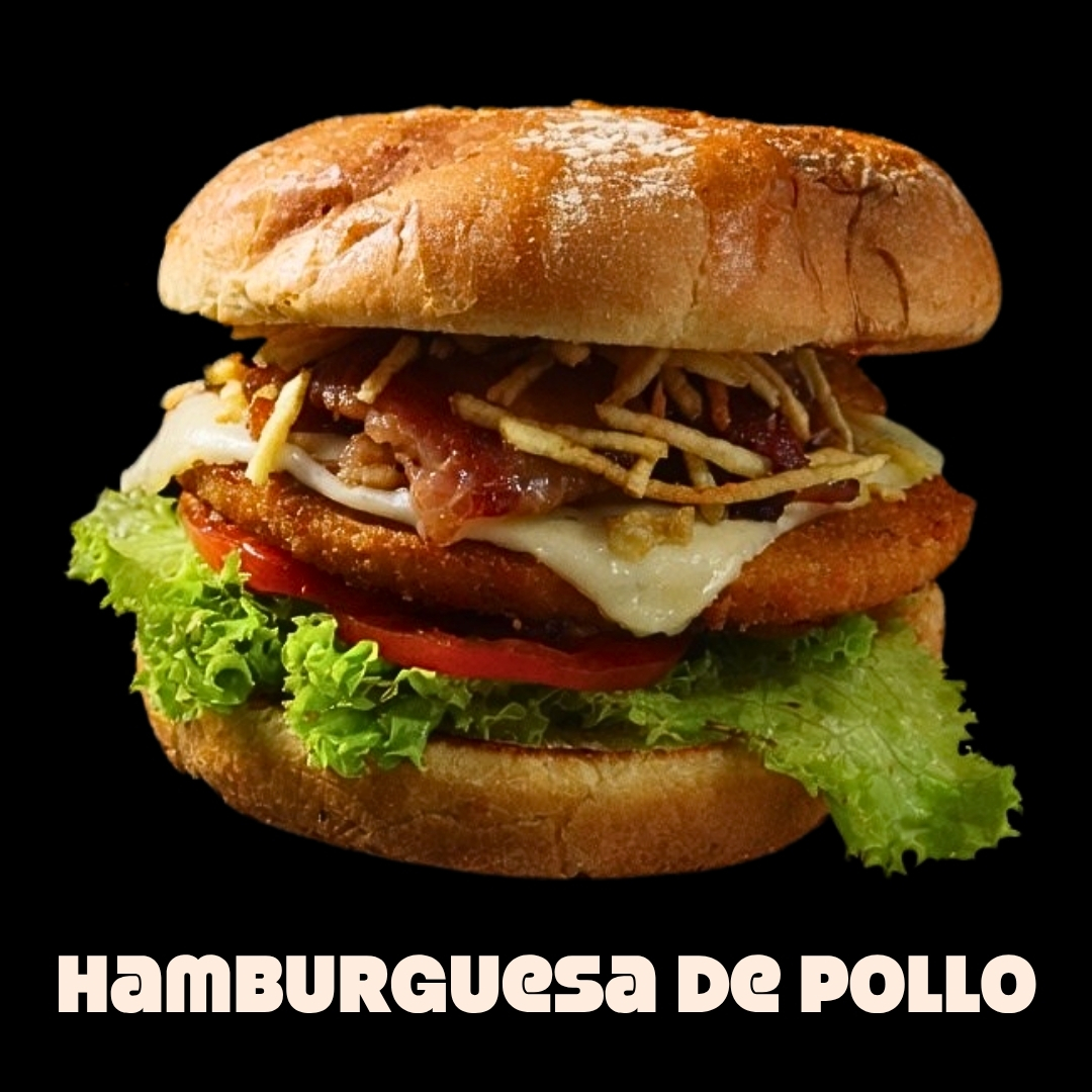 18.000 | Pollo apanado, queso mozzarella, tocineta, lechuga, tomate, cebolla caramelizada y ripio de papa, con salsas.