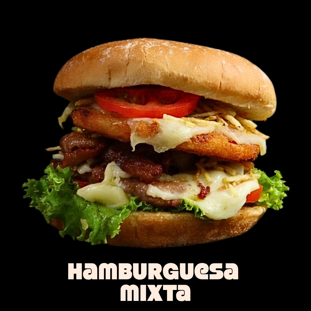 $21.000 | Carne y pollo, queso mozzarella, tocineta, lechuga, 
tomate, cebolla caramelizada y ripio de papa, con salsas.